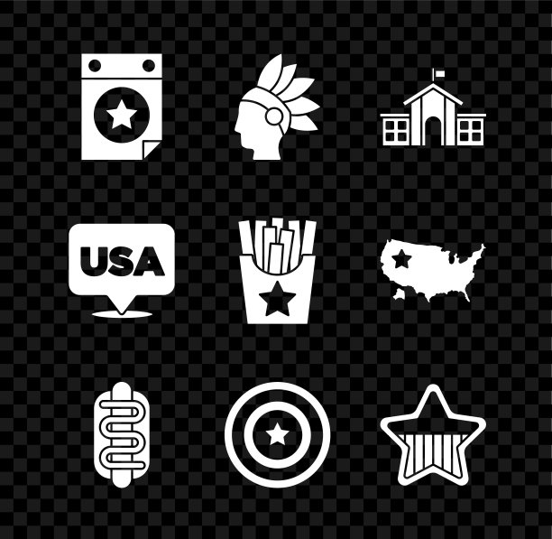 设置日历日期7月4日，美洲印第安人，美国国会大厦，热狗三明治，星盾，美国独立日，土豆薯条盒图标。向量图片下载