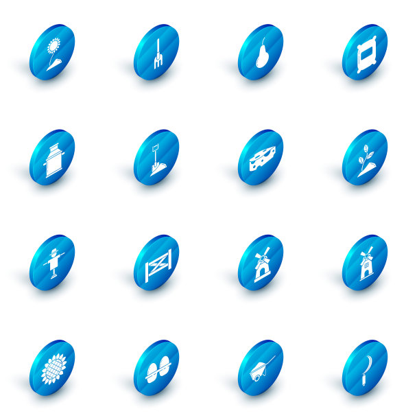 设置花园耙，梨，面粉袋，牛奶罐容器，稻草人，铲地，发芽和奶酪图标。向量图片下载