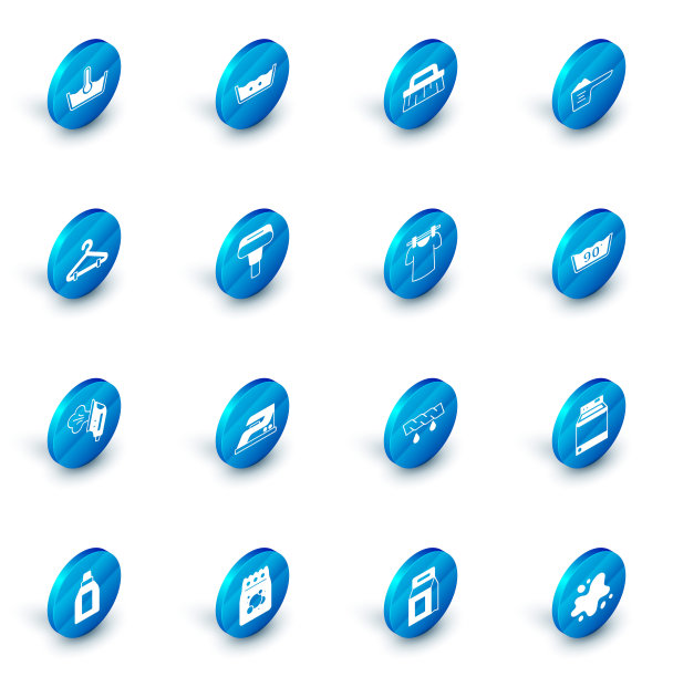 设置温度洗涤，刷清洁，洗衣粉，衣架衣柜，电熨斗，服装蒸笼，烘干衣服图标。向量图片下载