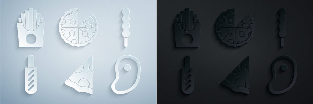 设置披萨片，棒棒糖，热狗三明治，牛排肉，披萨和土豆薯条在盒子图标。向量图片下载