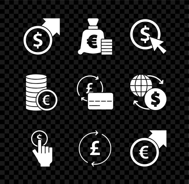 设置金融增长和美元，硬币与欧元符号，手持硬币，英镑，信用卡图标。向量图片下载