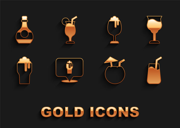 设置酒精或啤酒酒吧位置，葡萄酒杯，鸡尾酒，椰子鸡尾酒，白兰地的玻璃杯，酒瓶和图标。向量图片下载