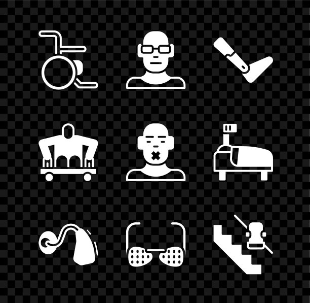 设置轮椅，弱视，假肢，助听器，盲眼镜，残疾人电梯，无腿坐轮椅，聋哑人头图标。向量图片下载