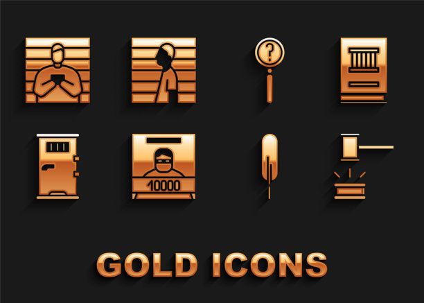 通缉海报、法律书籍、法官 gavel、羽毛笔、监狱牢房门、放大镜搜索、犯罪嫌疑人和图标矢量素材图片下载