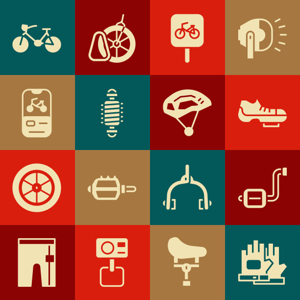 设置手套，自行车踏板，鞋子，停车，悬挂，租赁移动应用程序，头盔图标。向量图片下载