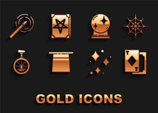 集魔术师帽子，蜘蛛网，扑克牌，闪耀的星星与魔法闪光，独轮车或单轮自行车，球，魔杖和古书图标。向量图片下载