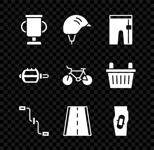 设置奖杯与自行车，自行车头盔，自行车短裤，踏板，车道，石膏腿，和图标。向量图片下载