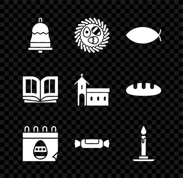 设置铃声，复活节彩蛋柳条巢，基督教鱼，日历，糖果，燃烧的蜡烛烛台，圣经书和教堂建筑图标。向量图片下载