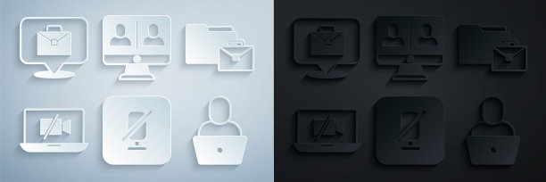 设置静音麦克风，在线工作，视频摄像头关闭笔记本电脑，自由职业者，聊天会议和图标。向量图片下载