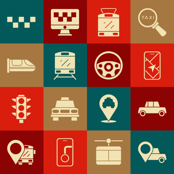 设置位置与出租车，汽车，城市地图导航，电车和铁路，火车，高速列车，出租车车顶和方向盘图标。向量图片下载