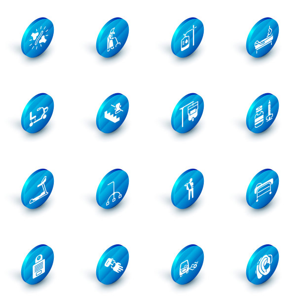 设置祖母、输液袋、断腿病人、电动轮椅、跑步机、残疾人电梯、注射器及图标。向量图片下载