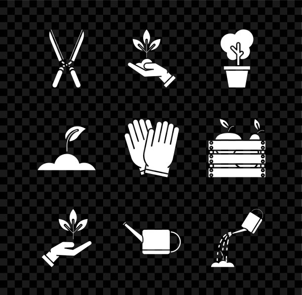 集园艺手工修剪剪刀、环保植物、树盆、浇水罐、带水、萌芽、手套等图标。向量图片下载