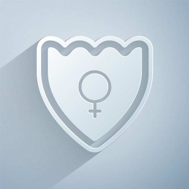 剪纸性别盾牌，女性图标孤立在灰色背景。纸艺术风格。向量图片下载