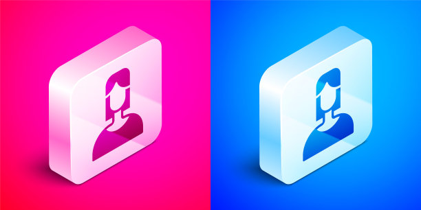 等距女性图标孤立在粉红色和蓝色的背景。金星象征。女性符号女性有机体或女性的符号银广场按钮。向量图片下载