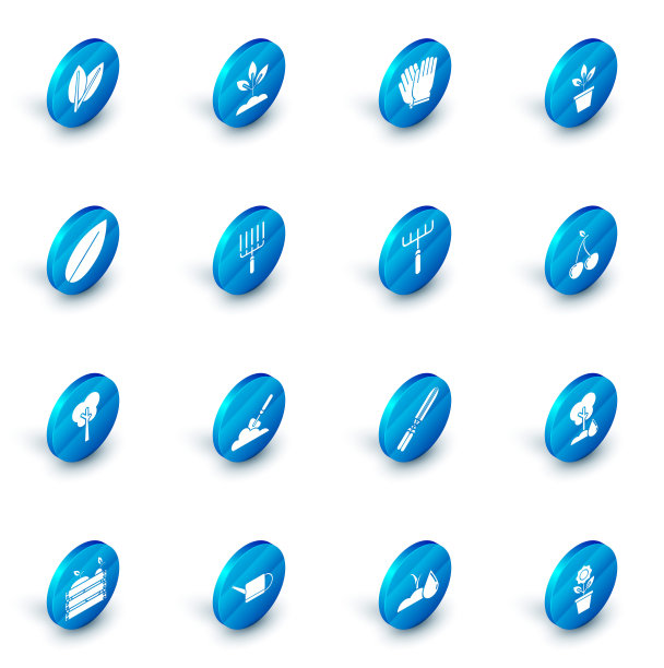 集合植物，花园手套，花在花盆，叶子，树，耙子工作，樱桃和图标。向量图片下载