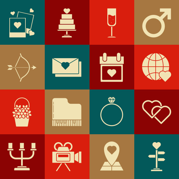 集路标与心，两颗相连的心，世界爱，香槟杯，信封情人节，弓和箭，空白相框心和日历图标。向量图片下载