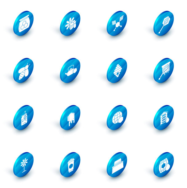 集蜜蜂和花，蜂蜜勺棒，蜂蜜罐蜂蜜，茶壶，滴和蜂箱为蜜蜂的图标。向量图片下载