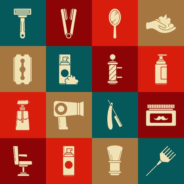 集发刷，霜或乳液化妆品罐，管，手镜，剃须凝胶泡沫，刀片剃须刀，和经典的理发店标杆图标。向量图片下载