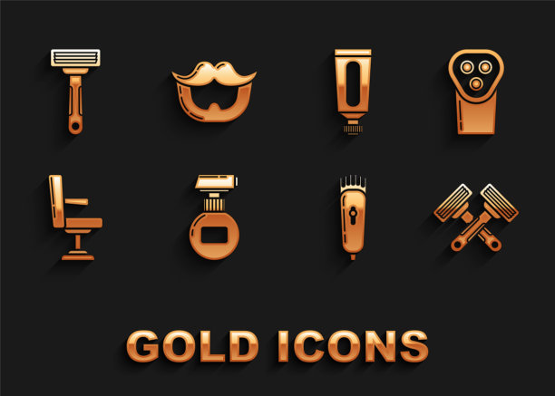 集霜或乳液化妆管，电动剃须刀，交叉剃须刀，理发店椅子，刮胡子和胡子图标。向量图片下载