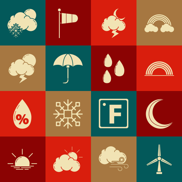 集风力发电机、月亮与星星、彩虹与云朵、风暴、经典优雅开启伞、云雪太阳和水滴图标。向量图片下载