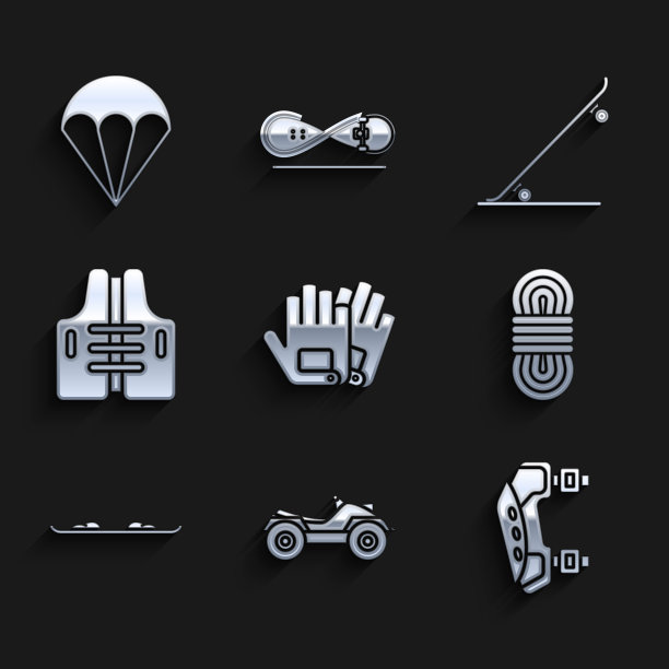 集合手套，所有地形车或ATV摩托车，膝盖垫，攀岩绳，滑雪板，救生衣，滑板和降落伞图标。向量图片下载