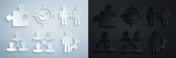 设置项目团队基地，装备在里面的人，目标和检查标记和拼图图标。向量图片下载