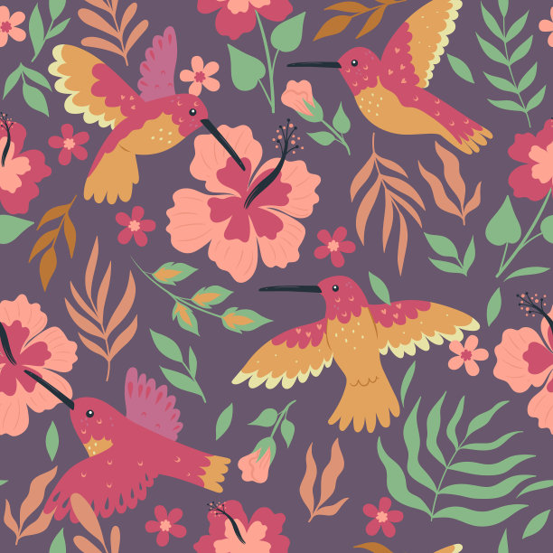 蜂鸟和芙蓉的无缝图案图片下载