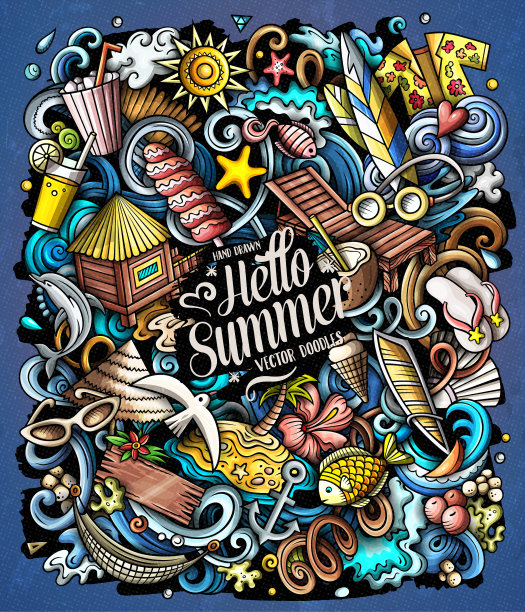 夏日海滩卡通涂鸦图片下载