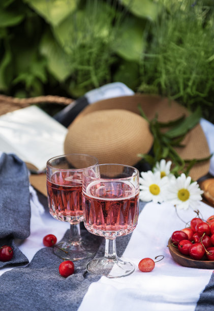 准备在薰衣草田的毯子上野餐图片下载