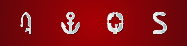 设置鱼竿，锚，充气船和蠕虫图标。向量图片下载