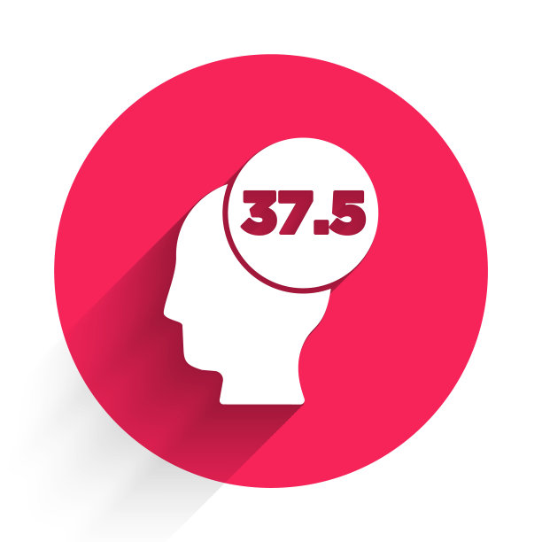 白色高体温或发热图标孤立有长阴影。疾病、感冒、流感症状。红色圆圈按钮。向量图片下载