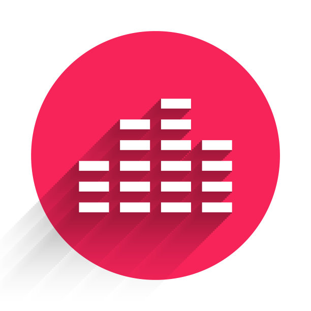 白色音乐均衡器图标孤立着长长的阴影。声波。音频数字均衡器技术，控制台面板，脉冲音乐。红色圆圈按钮。矢量图图片下载