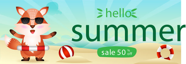 夏季促销横幅上有一只用救生圈的可爱狐狸图片下载