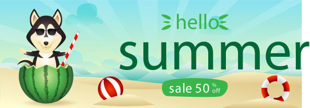 夏季大减价的横幅上有一只可爱的哈士奇狗图片下载