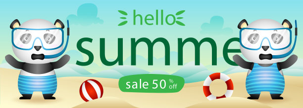 夏季促销横幅上有一对可爱的熊猫夫妇使用图片下载