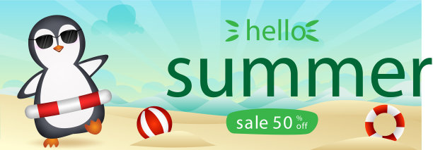 夏季促销横幅上有一只可爱的企鹅图片下载