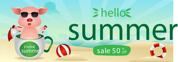 杯子里有一只可爱小猪的夏季促销横幅图片下载