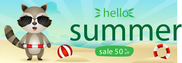 夏季促销横幅上有一只可爱的浣熊图片下载