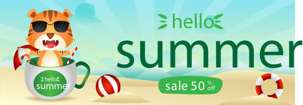 夏季出售横幅与一个可爱的老虎在杯子图片下载