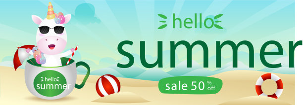 夏季促销横幅与可爱的独角兽在杯子图片下载