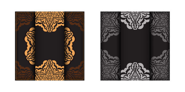 方形模板印刷设计明信片在黑色豪华装饰。为你的文本和复古图案准备一个地方的邀请图片下载