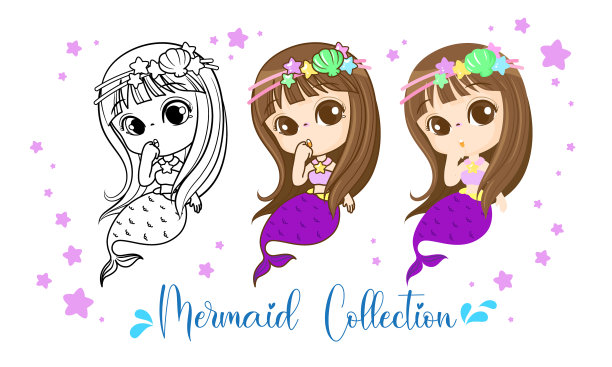 卡通人物美人鱼，可爱的小女孩鱼图片下载