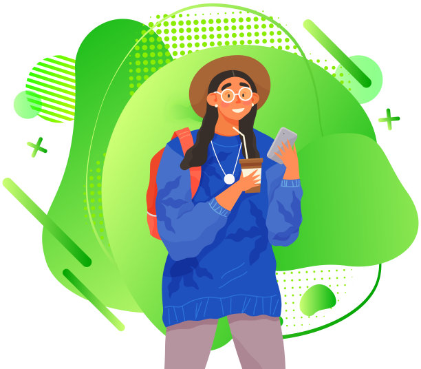 拿着智能手机的女人正在抽象的绿色背景上写电子邮件，喝着热咖啡图片下载