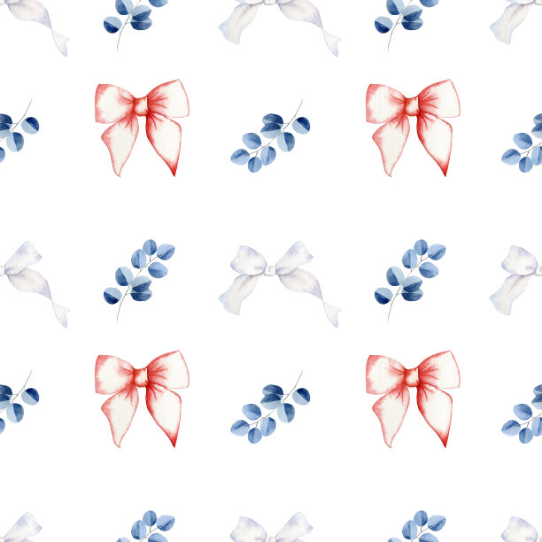 无缝模式与老式弓和桉树。背景和墙纸邀请，卡片，织物，包装，纺织品。水彩插图。图片下载