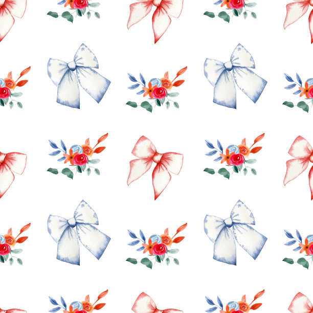 无缝模式与复古蝴蝶结和花束。背景和墙纸邀请，卡片，织物，包装，纺织品。水彩插图。图片下载