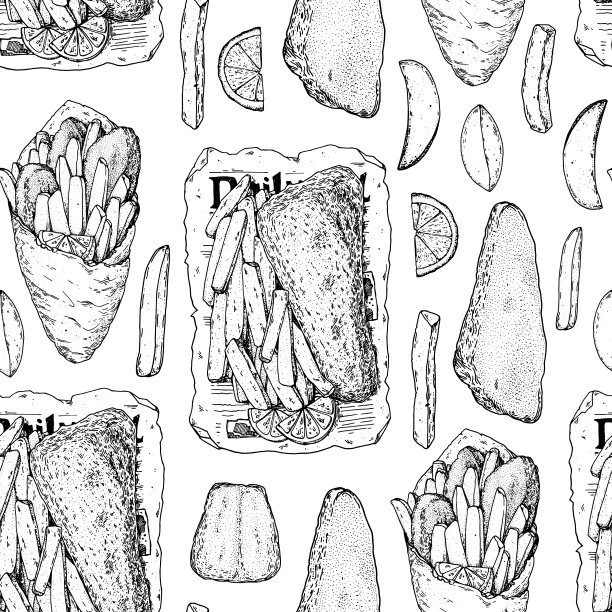 无缝模式-鱼和薯条草图矢量插图。英国酒吧的食物。手绘草图。烹饪炸鱼和薯条。雕刻的手绘复古图像。菜单设计模板。图片下载
