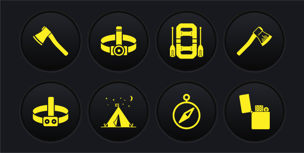 设置头手电筒木斧旅游帐篷图片下载