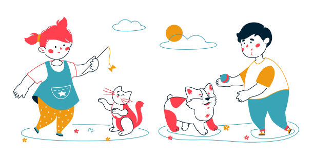 儿童与动物-彩色线条设计风格图片下载