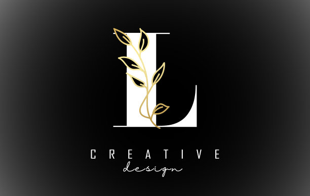 白色字母标志设计与金色的叶子图片下载