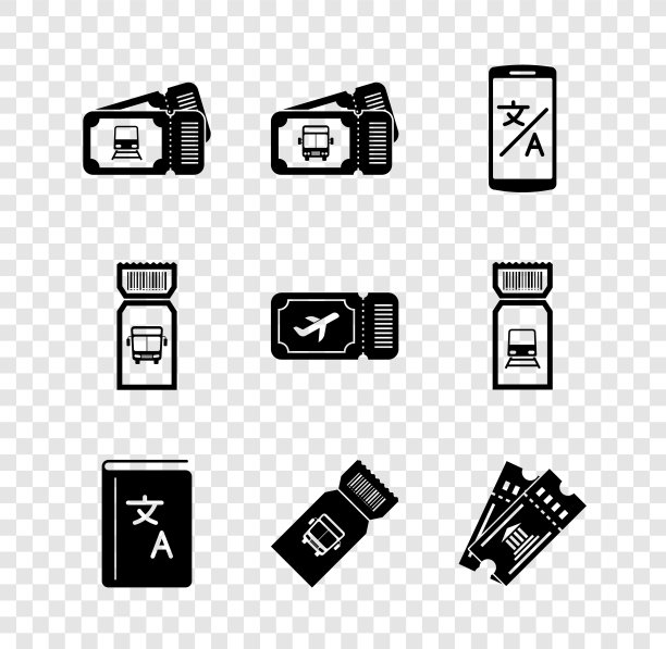 设置火车票，巴士，在线翻译，翻译书，博物馆，航空公司图标。向量图片下载